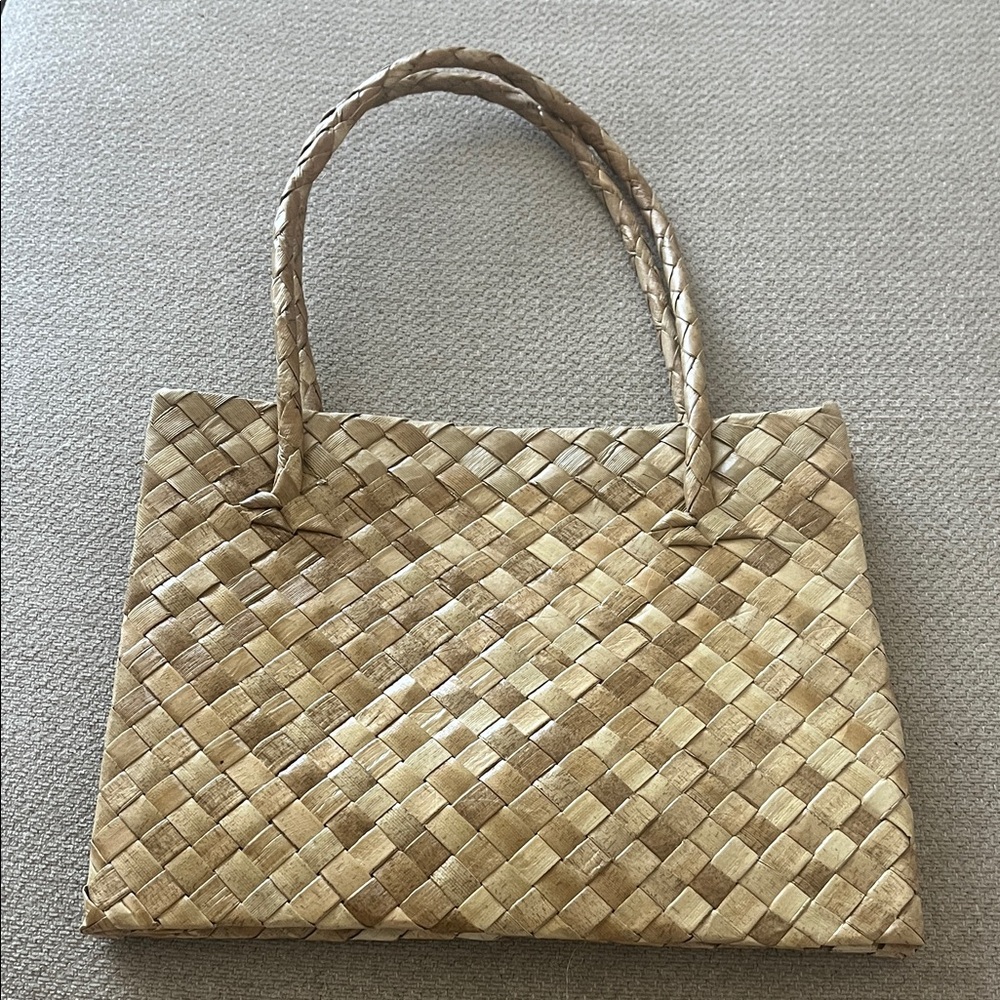 Tan Hand Woven Bamboo Mini Tote Bag